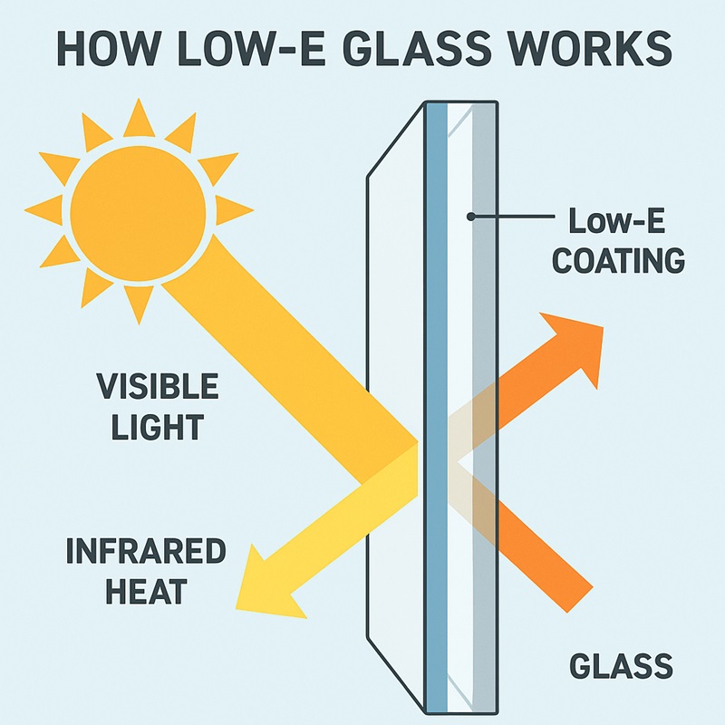 Diagram showing how Low-E glass allows visible light while blocking infrared heat and UV rays.