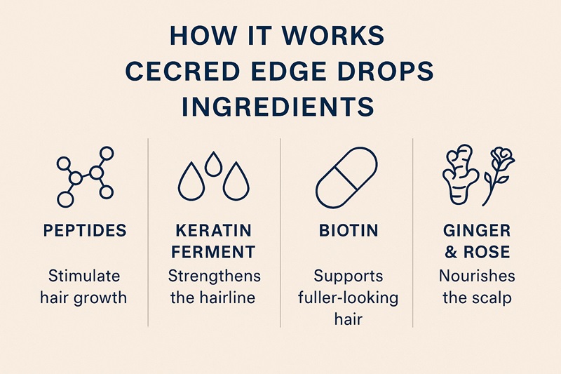 Diagram of Cecred Edge Drops ingredients and their role in strengthening thinning hairlines.