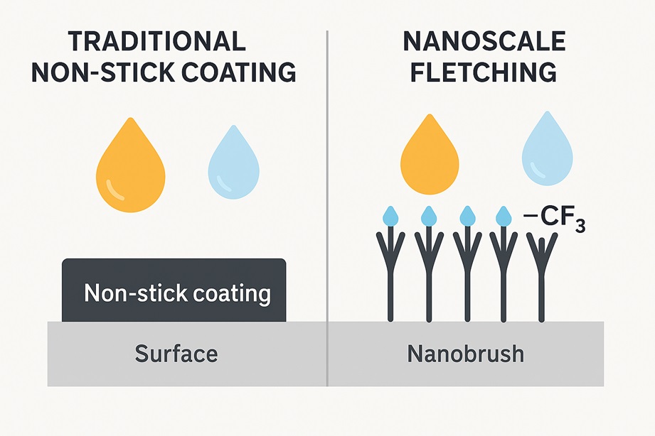 Comparison diagram of traditional non-stick coating vs. nanoscale fletching nanobrush structure.