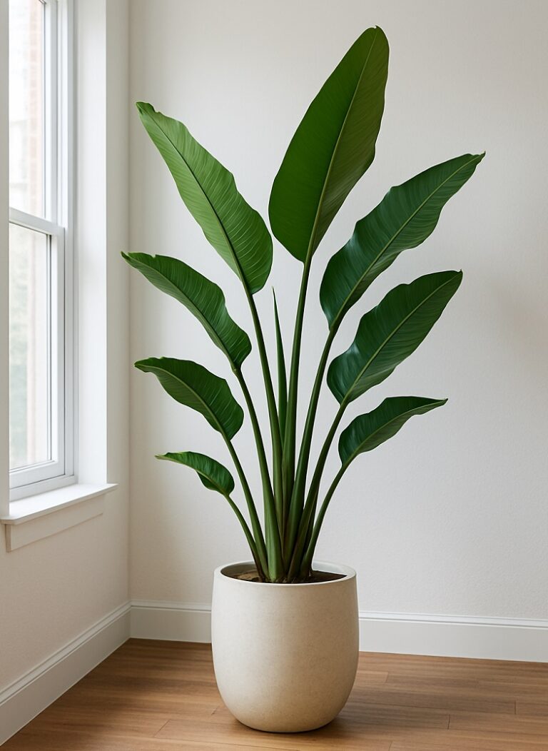 White Bird of Paradise plant near a sunny window in a minimalist indoor setting