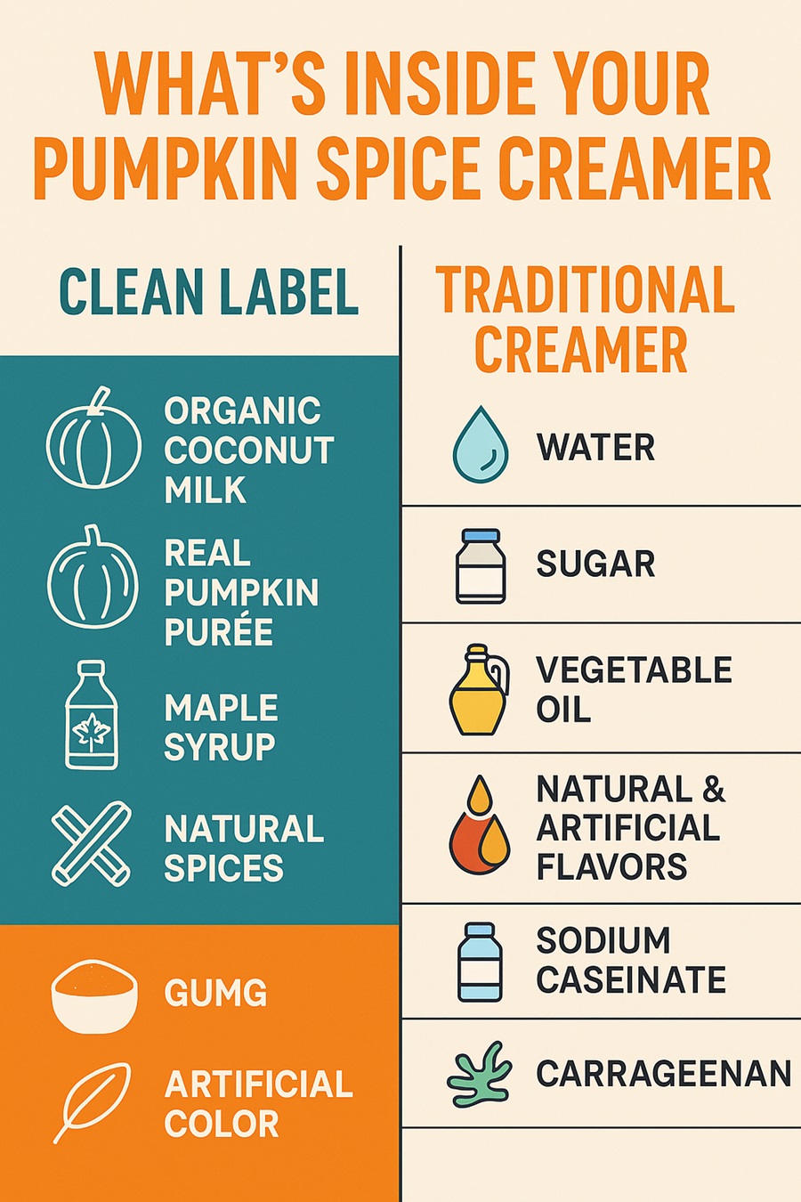 Comparison chart of healthy vs unhealthy pumpkin spice creamer ingredients