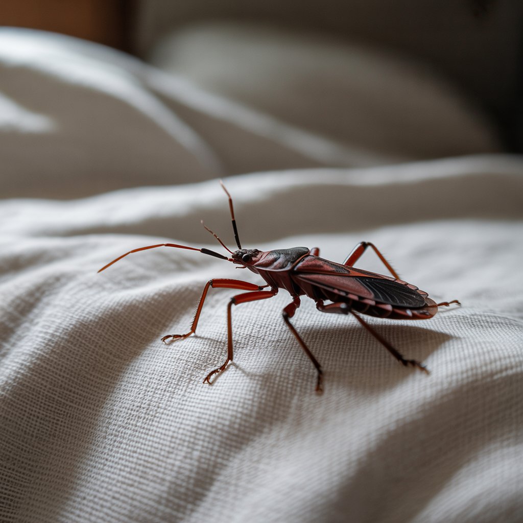 Kissing bug crawling near pillow on white bedsheet, illustrating home infestation risk.