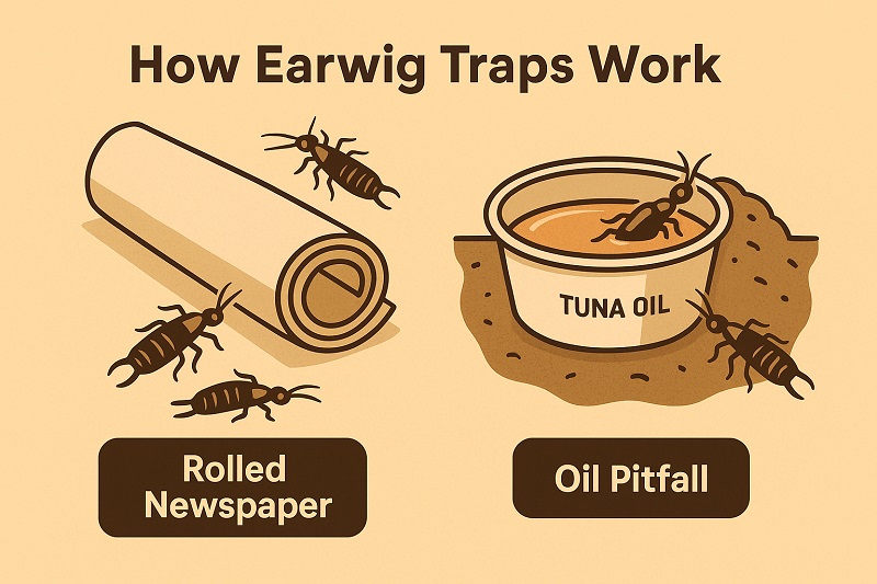 Homemade earwig traps using newspaper and tuna-oil pitfall cup