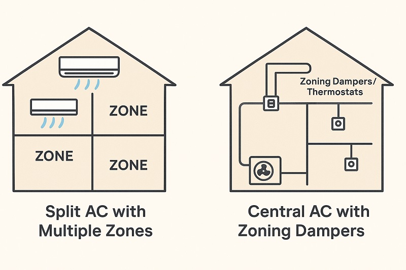 Split AC with multiple zones vs central AC zoning dampers