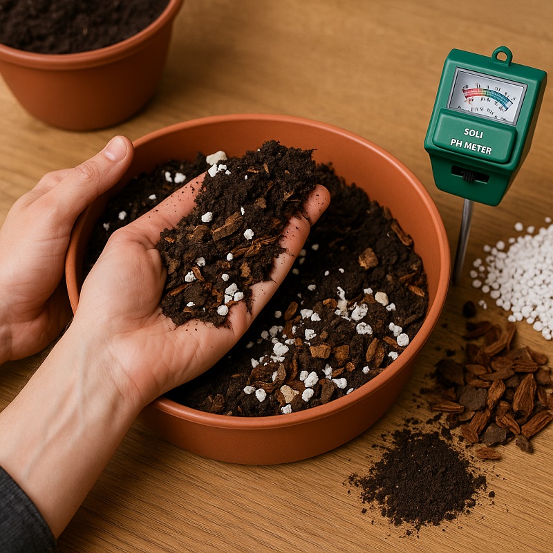 Preparing a well-draining potting mix for White Bird of Paradise using perlite and bark
