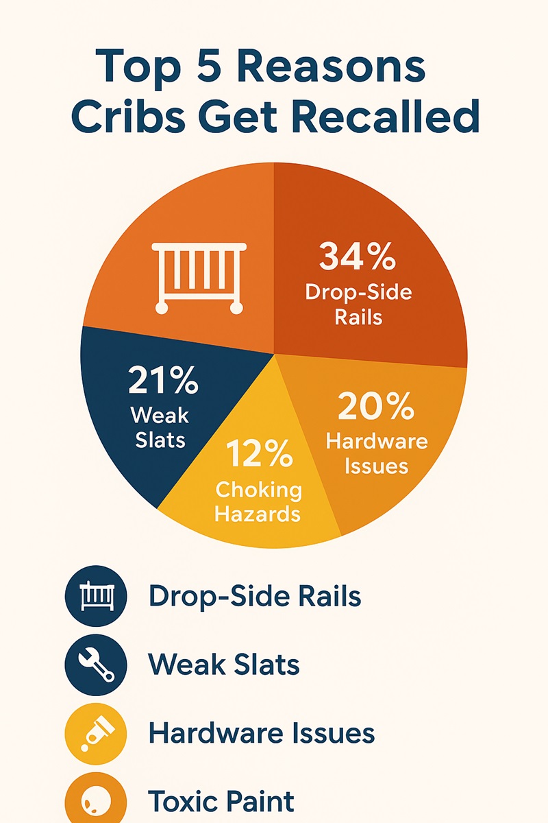 Pie chart showing top 5 causes of crib recalls with icons for rails, slats, hardware, paint, and choking hazards.