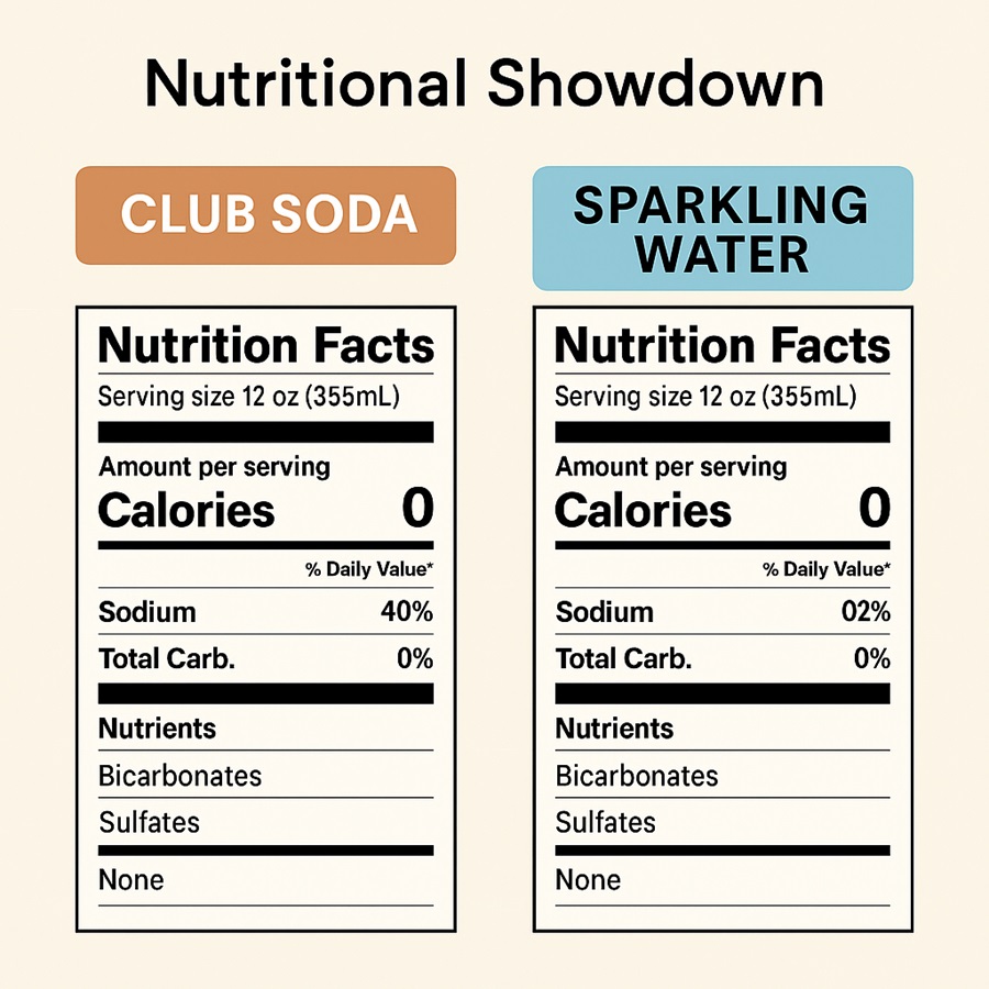 Nutritional comparison chart of Club Soda vs Sparkling Water – calories, sodium, and minerals