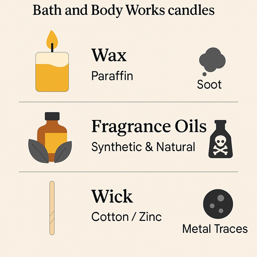Breakdown of paraffin wax, fragrance oils, and wick materials in Bath and Body Works candles