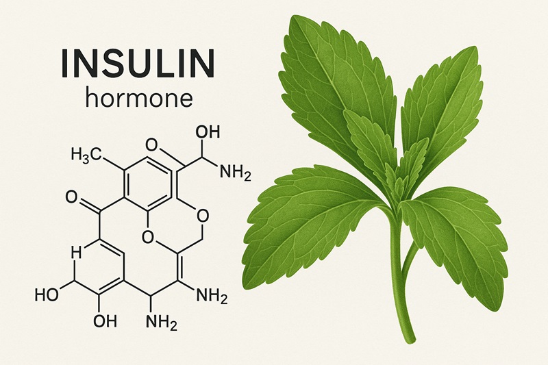 Stevia leaf with insulin molecule illustration – effect on insulin response.