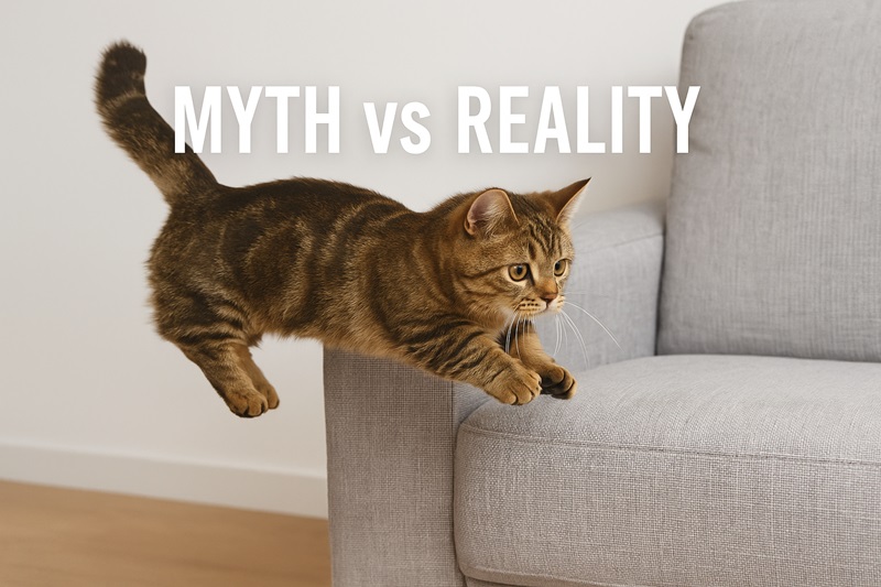 Munchkin cat jumping onto couch to debunk myth that they cannot jump.