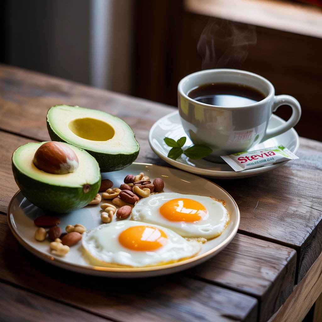 Keto foods with coffee sweetened by stevia – fasting and keto compatible.
