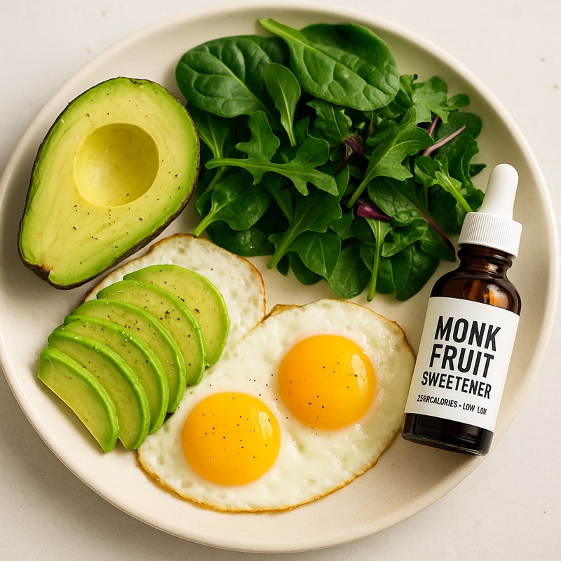 Keto-friendly meal with monk fruit sweetener as a low-carb sugar substitute.