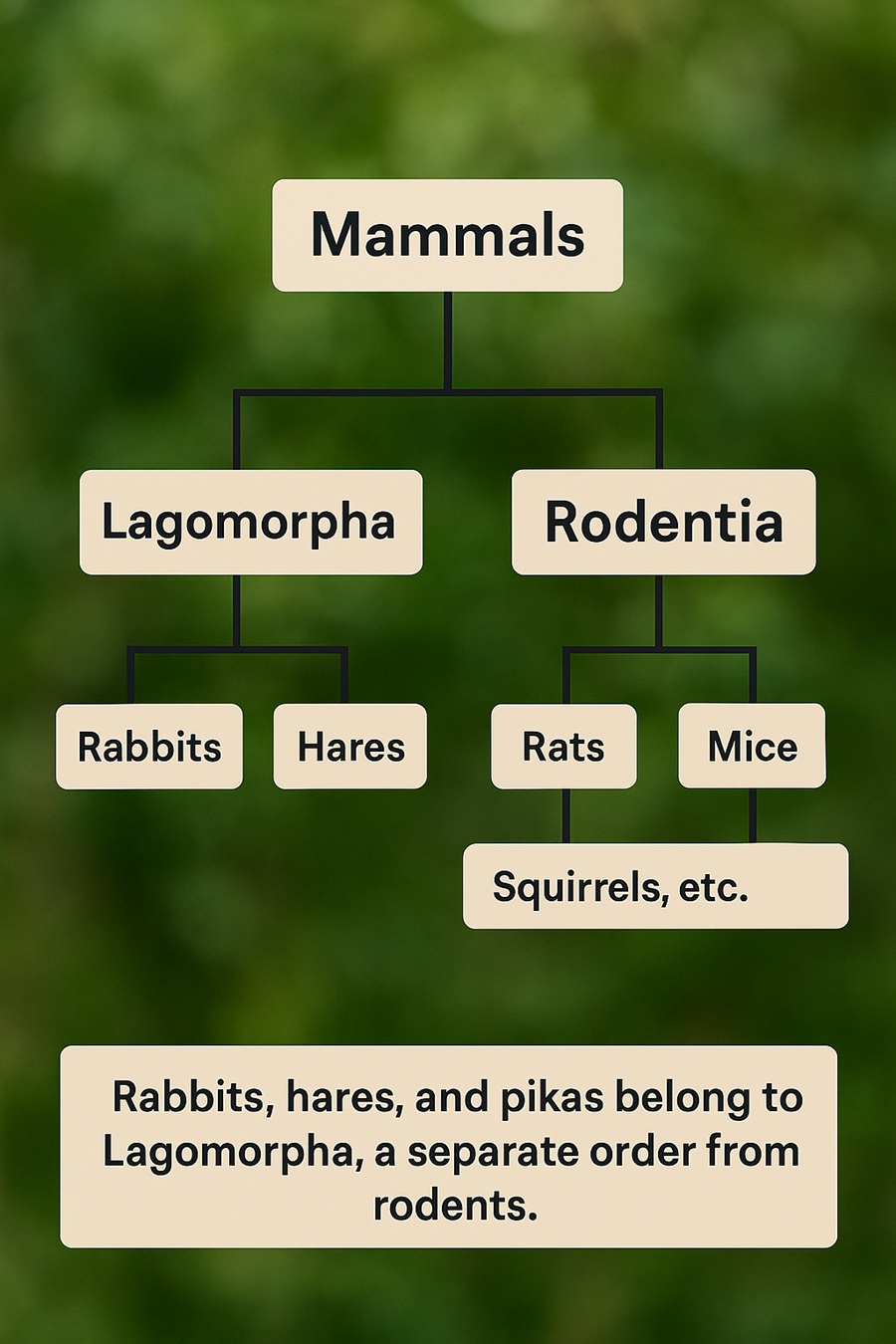 Rabbits, hares, and pikas belong to Lagomorpha, a separate order from rodents