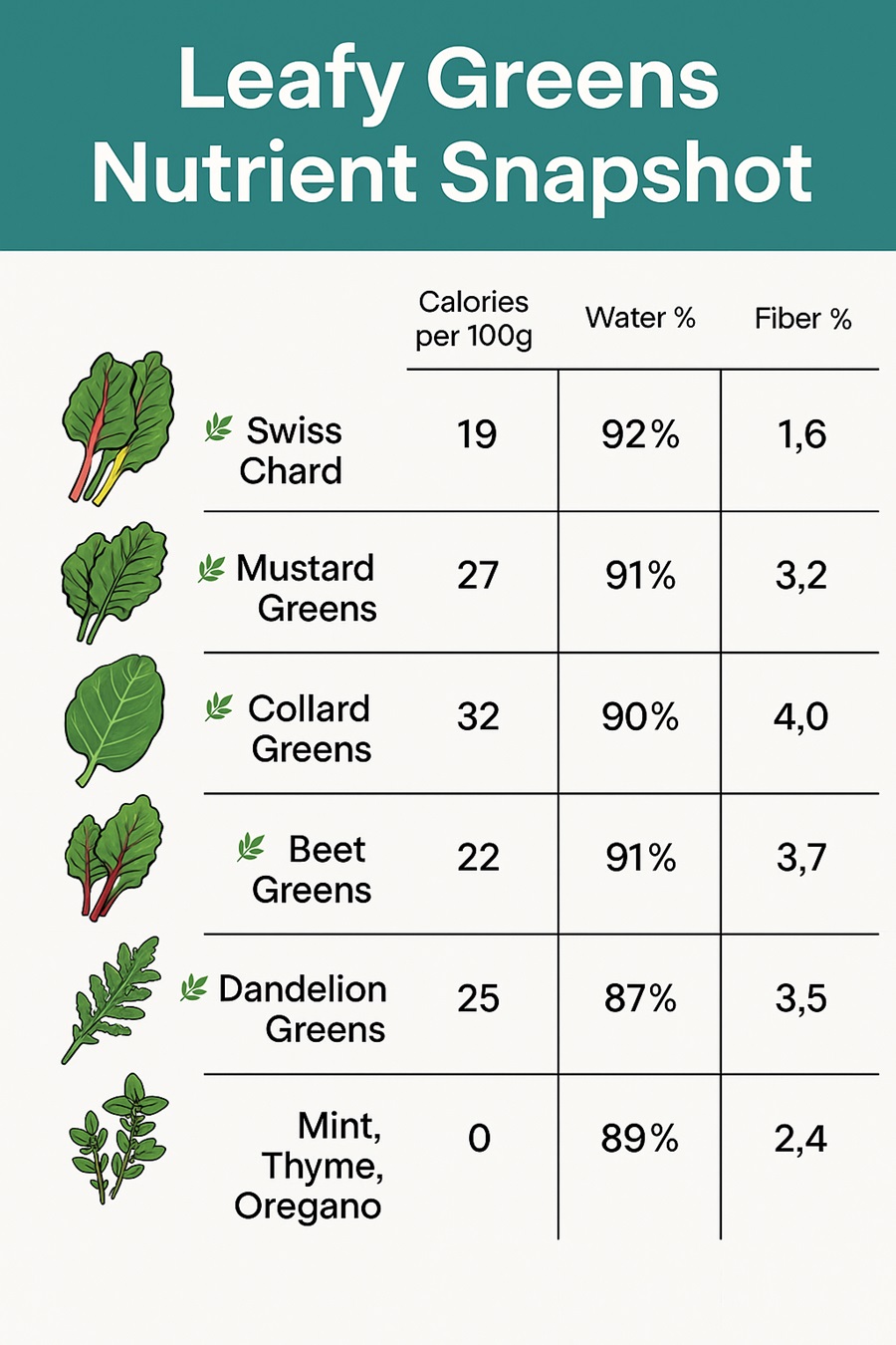 Infographic showing fiber and water content in leafy greens like chard, mustard greens, and beet greens