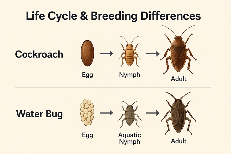 Comparison of cockroach and water bug life cycles showing faster reproduction in cockroaches.
