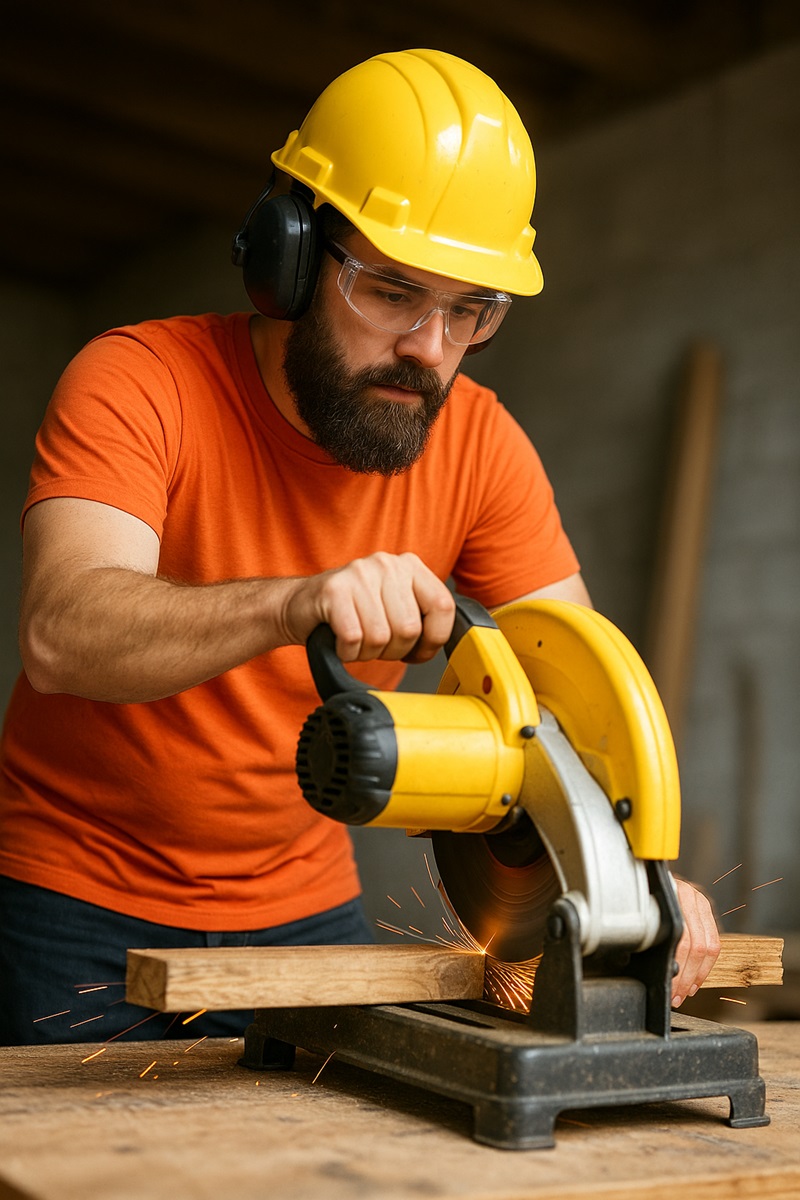 man working with chop saw wearing safety gear