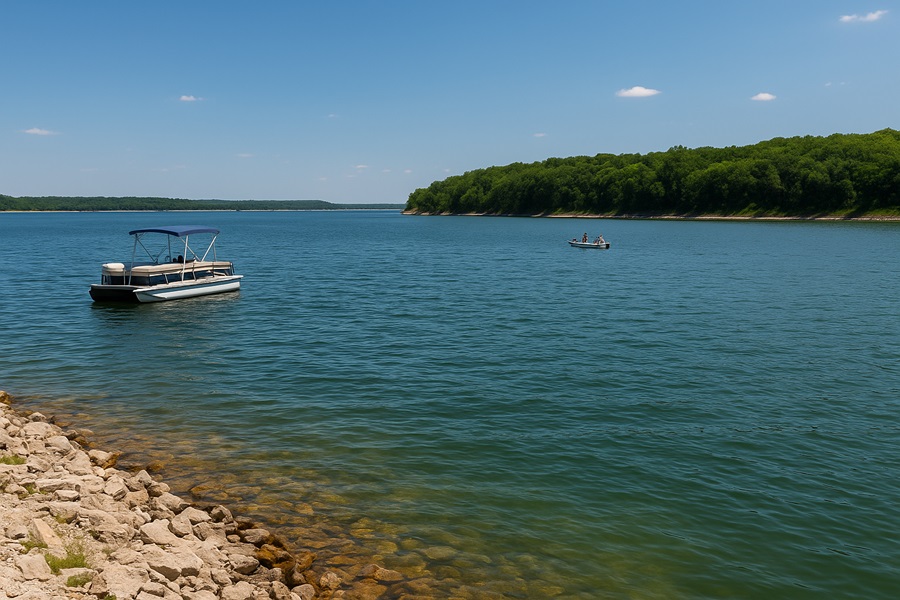 Photo of Milford Lake, a man-made reservoir in Kansas, used for flood control, irrigation, and recreation