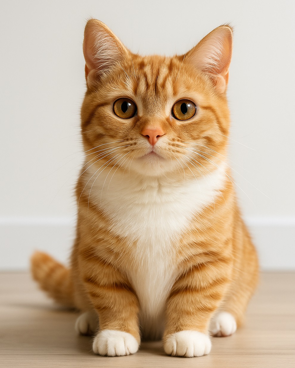 Munchkin cat sitting on floor showing its short legs and playful expression