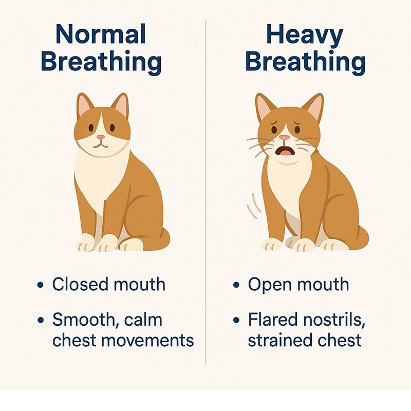 Comparison chart showing normal cat breathing versus heavy or abnormal breathing signs.