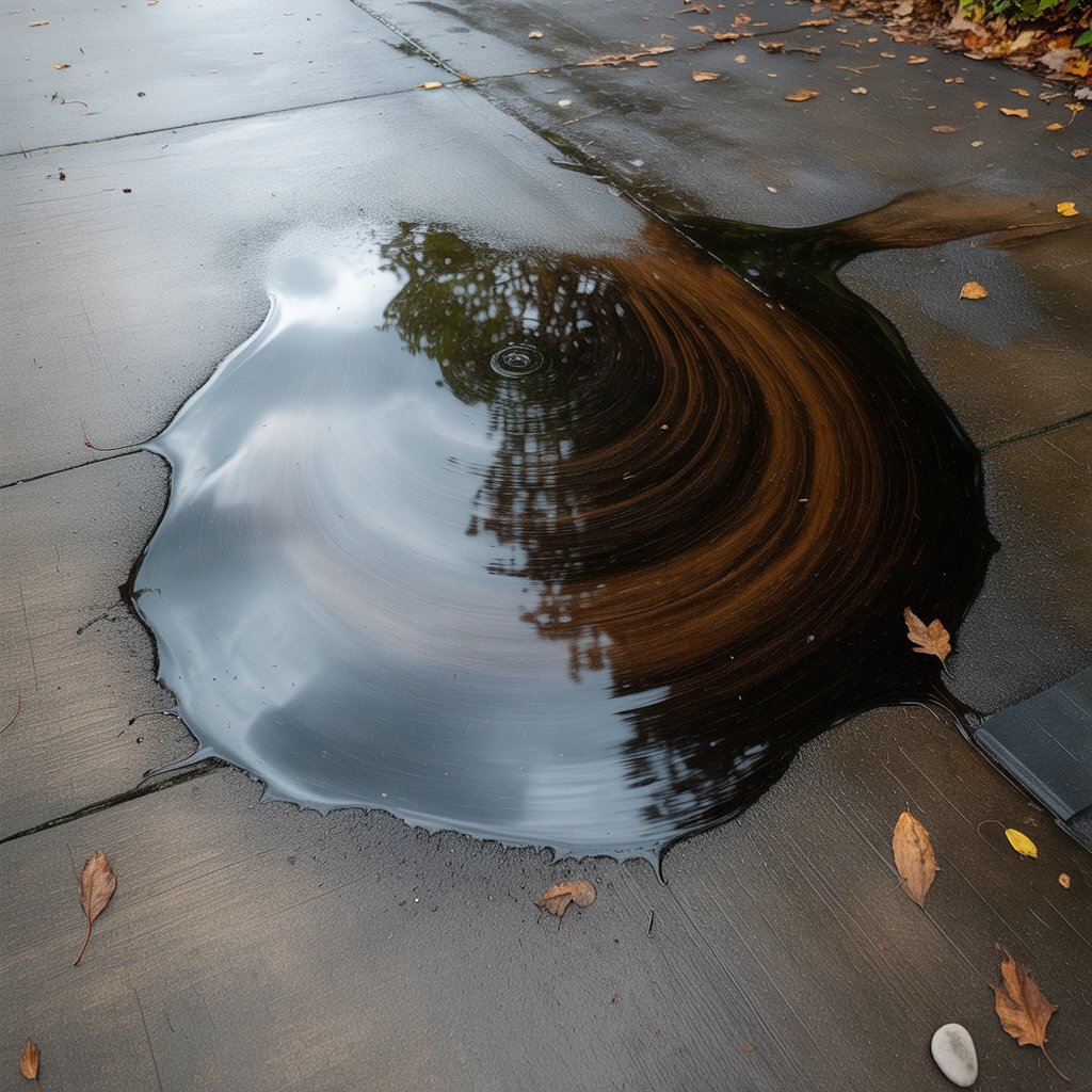 Close-up of an oil stain on a concrete driveway before cleaning