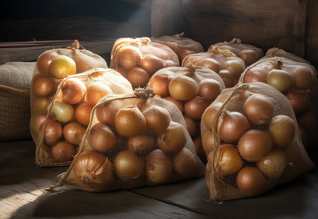 Stored cured onions in burlap sacks for long-term storage