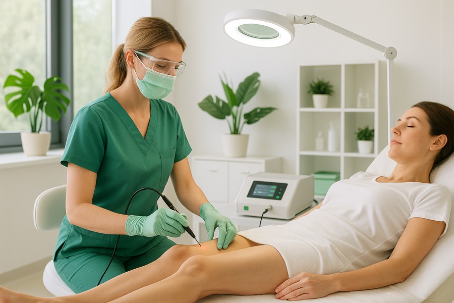 Healthcare professional performing minimally invasive vein treatment in an eco-friendly outpatient clinic.