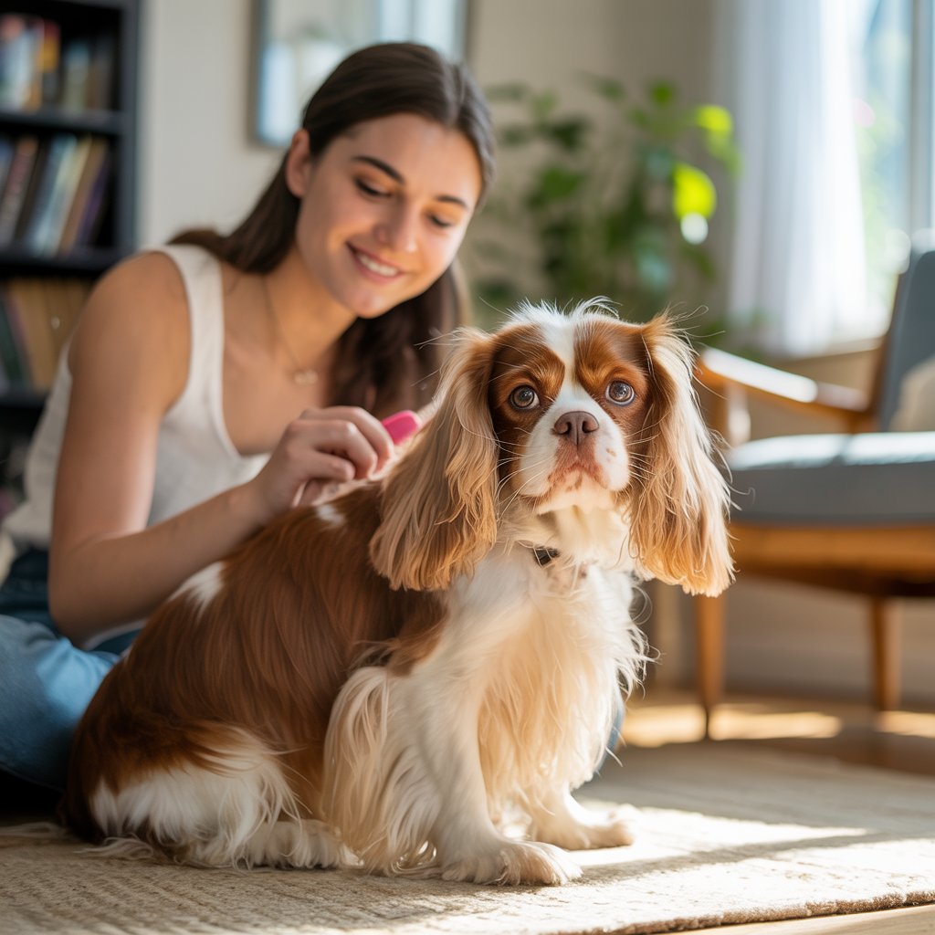 Owner brushing King Charles dog’s silky coat with slicker brush