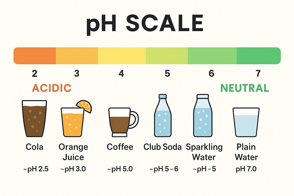 pH scale showing acidity levels of Club Soda, Sparkling Water, cola, coffee, and juice