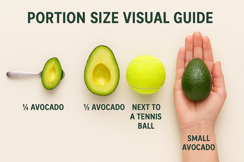 Visual guide showing quarter, half, and whole small avocado portions compared to common objects for calorie estimation.