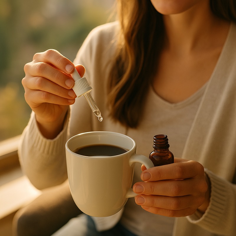 Woman adding liquid stevia to morning coffee during intermittent fasting