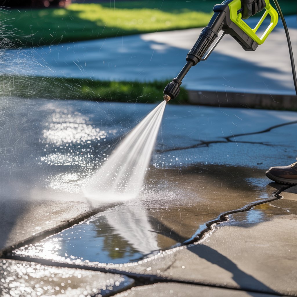 Homeowner using a pressure washer to clean a concrete patio