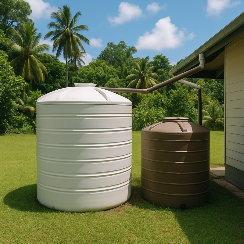 Rainwater harvesting setup with collection tanks in a small Pacific island country.