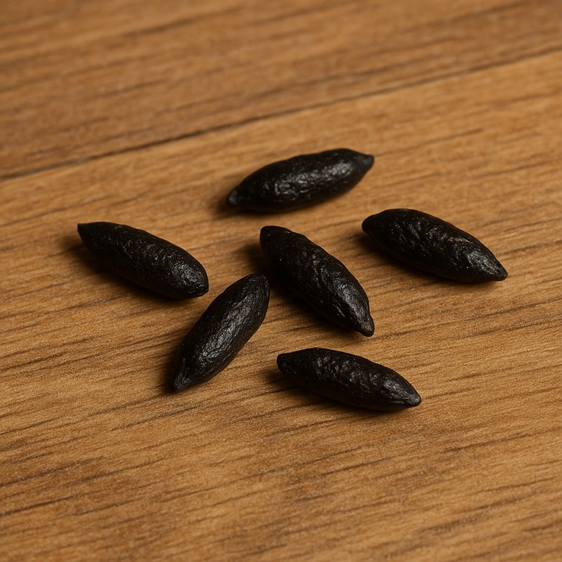 Rat poop close-up — dark brown, pellet-shaped droppings about half an inch long with pointed ends.