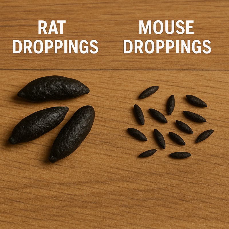 Rat droppings are larger and thicker, mouse droppings smaller like grains of rice.