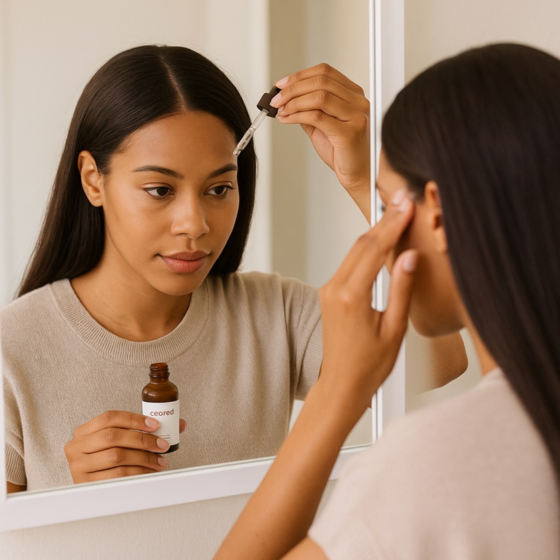 Woman applying Cecred Edge Drops along hairline as part of daily haircare routine.