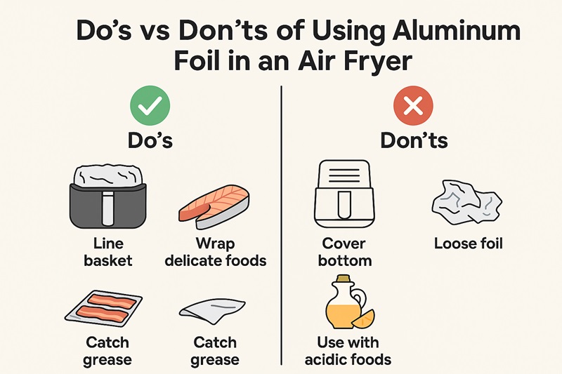 Infographic showing do’s and don’ts of using aluminum foil in an air fryer
