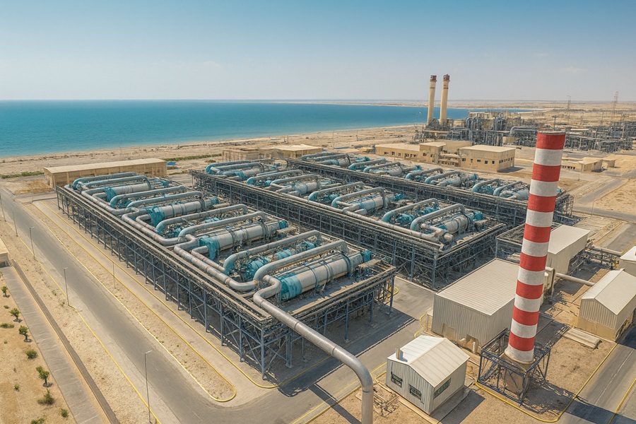 Saudi Arabian desalination plant processing seawater for drinking supply.