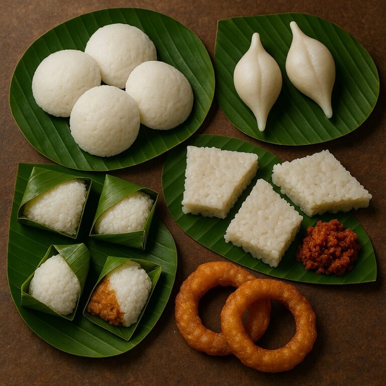 Variety of traditional South Asian rice cakes including Idli, Bhapa Pitha, and Yomari on banana leaves