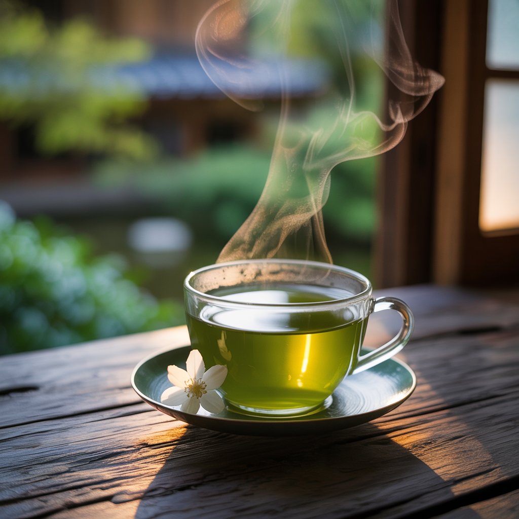 steaming cup of green tea