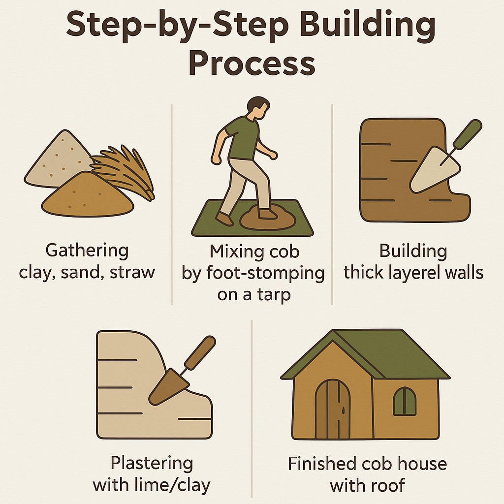 Infographic showing cob house construction process from materials to finished home