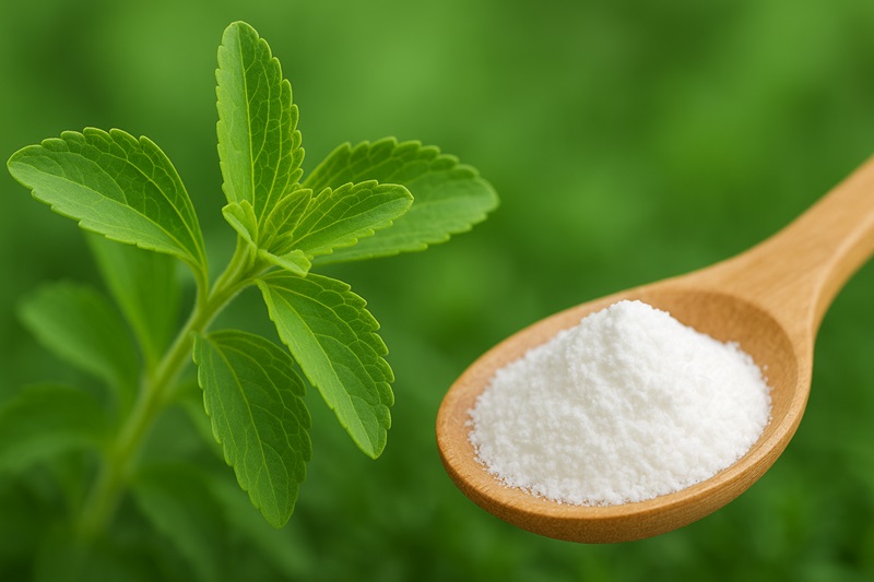 Stevia plant leaves and powdered stevia extract, the natural sweetener used in Zevia.