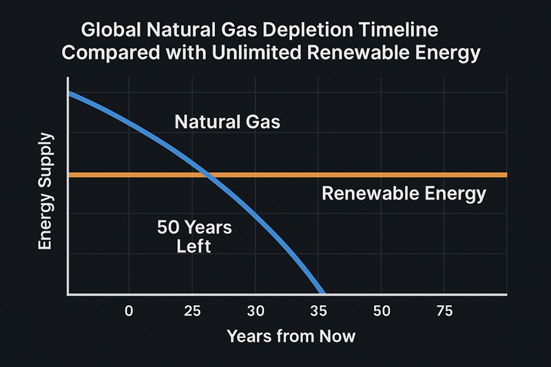 Global natural gas depletion timeline compared with unlimited renewable energy.