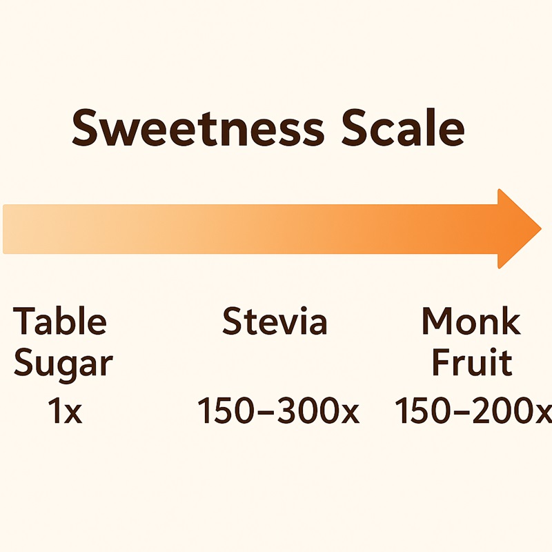 Sweetness comparison chart showing sugar, stevia, and monk fruit extract.