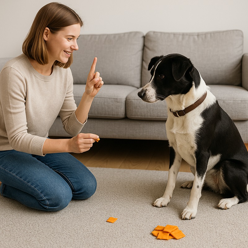 Dog training session to avoid Cheez-Its, teaching ‘leave it’ command.
