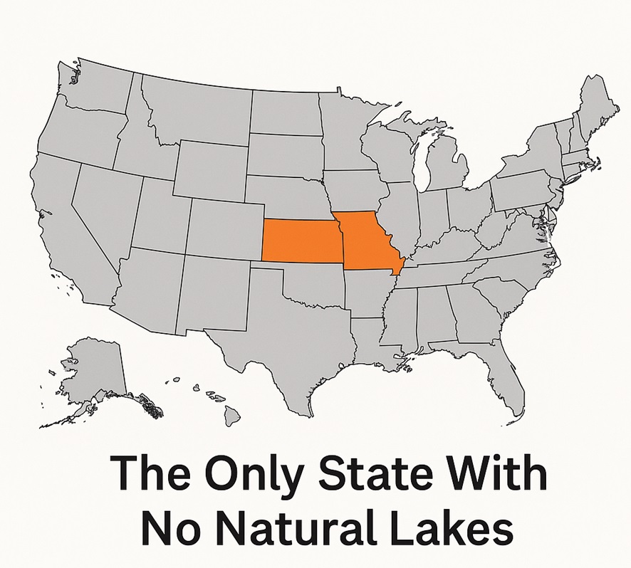 Map of the United States showing Kansas as the only state with no natural lakes