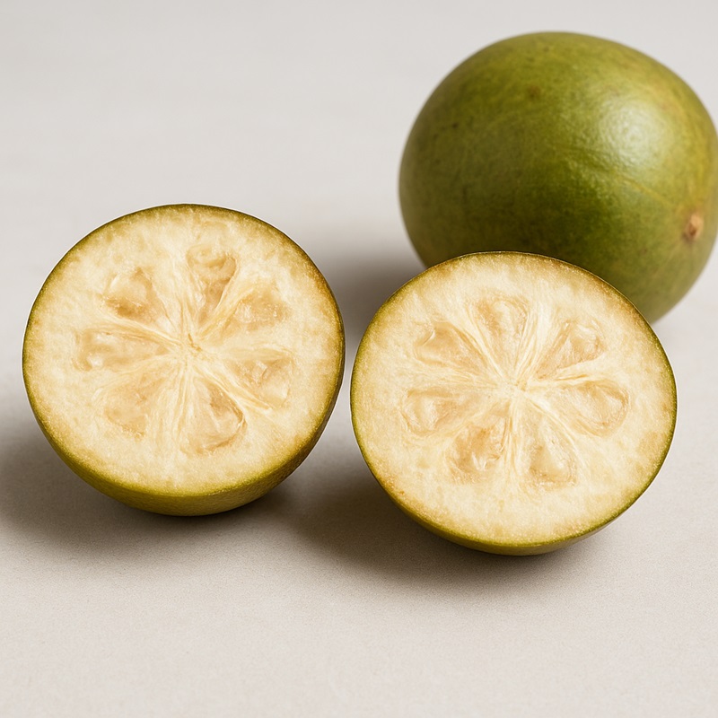 Fresh monk fruit cut in half, showing the inside of the small green melon.