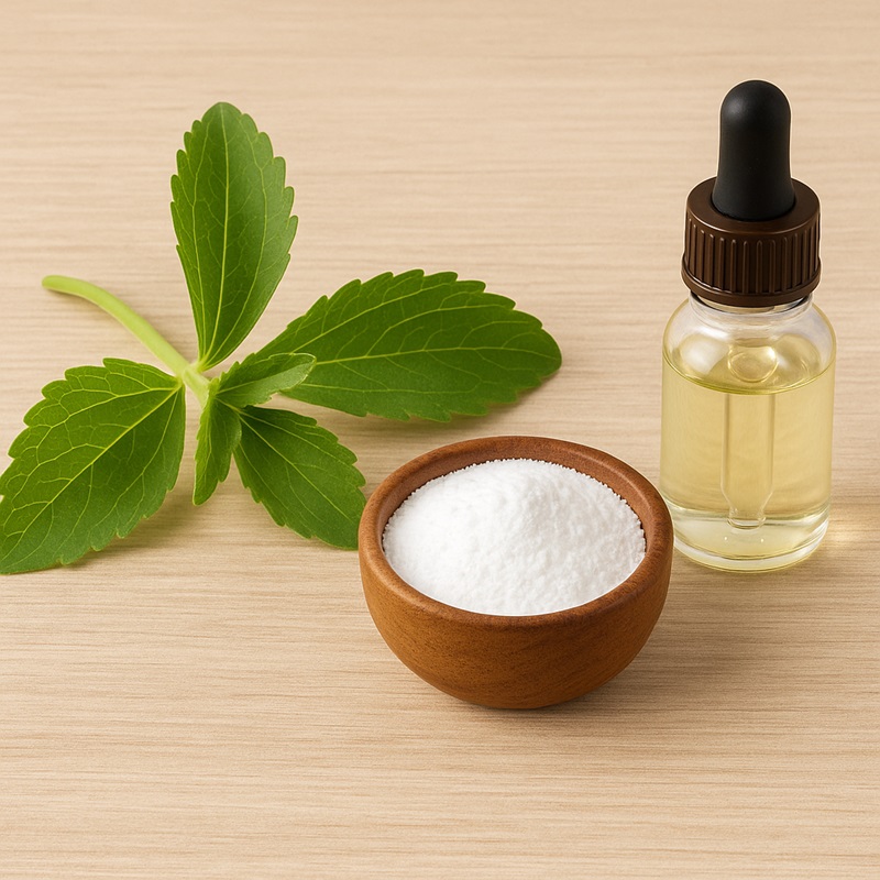 Fresh stevia leaves next to powdered and liquid stevia sweeteners.