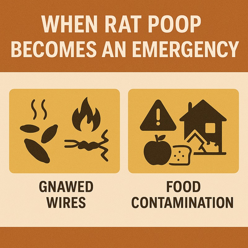 Warning signs of rat poop — droppings with odor, gnawed wires, food contamination, and damage to insulation.