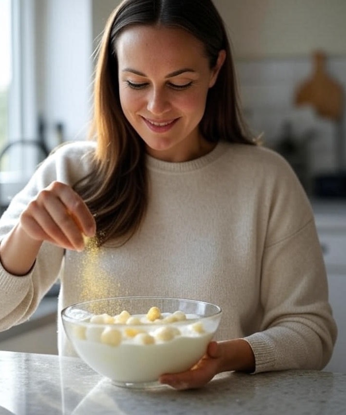 Woman adding monk fruit powder into morning dessert as a sugar alternative.