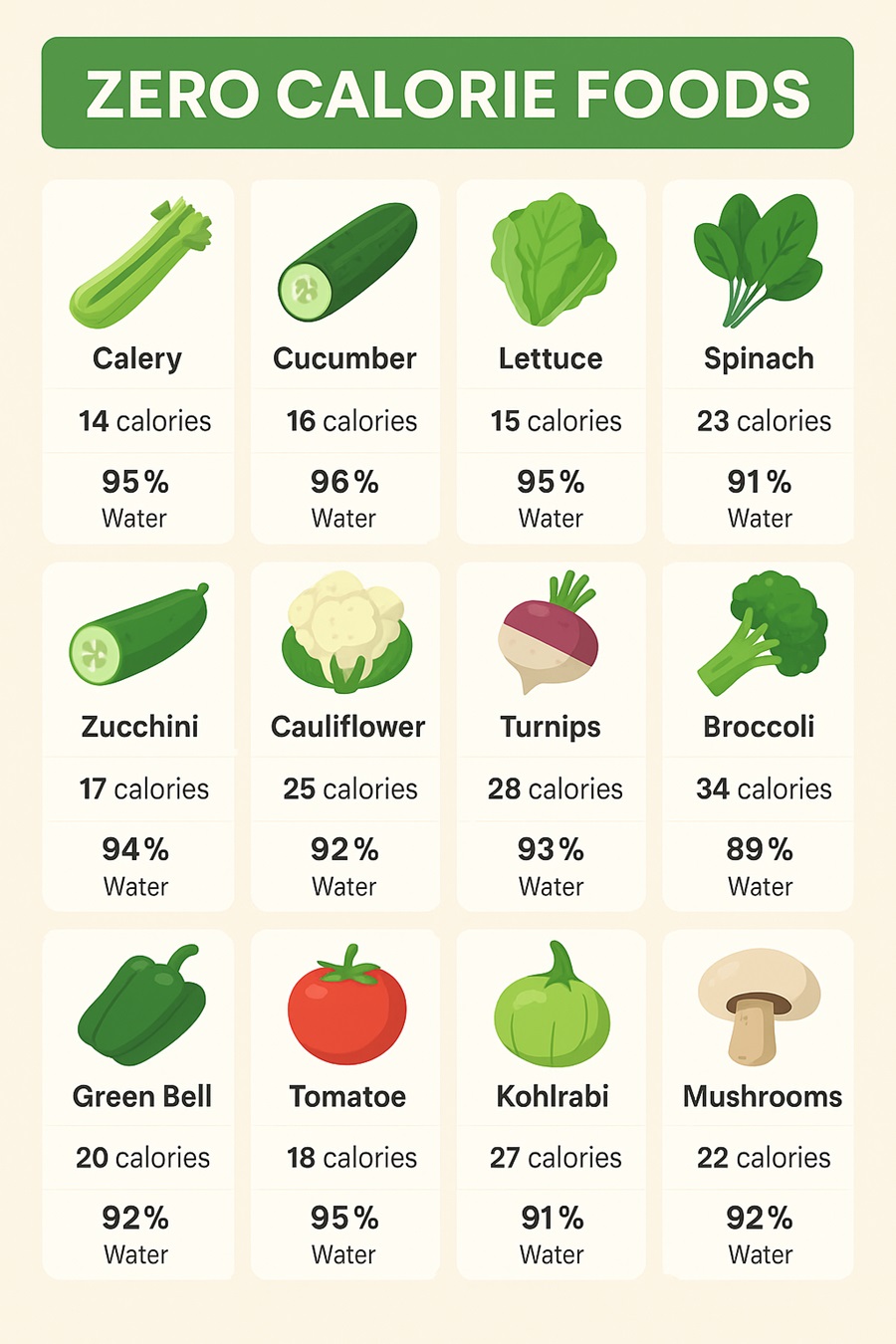 Infographic comparing calories, water content, and fiber of top zero calorie foods